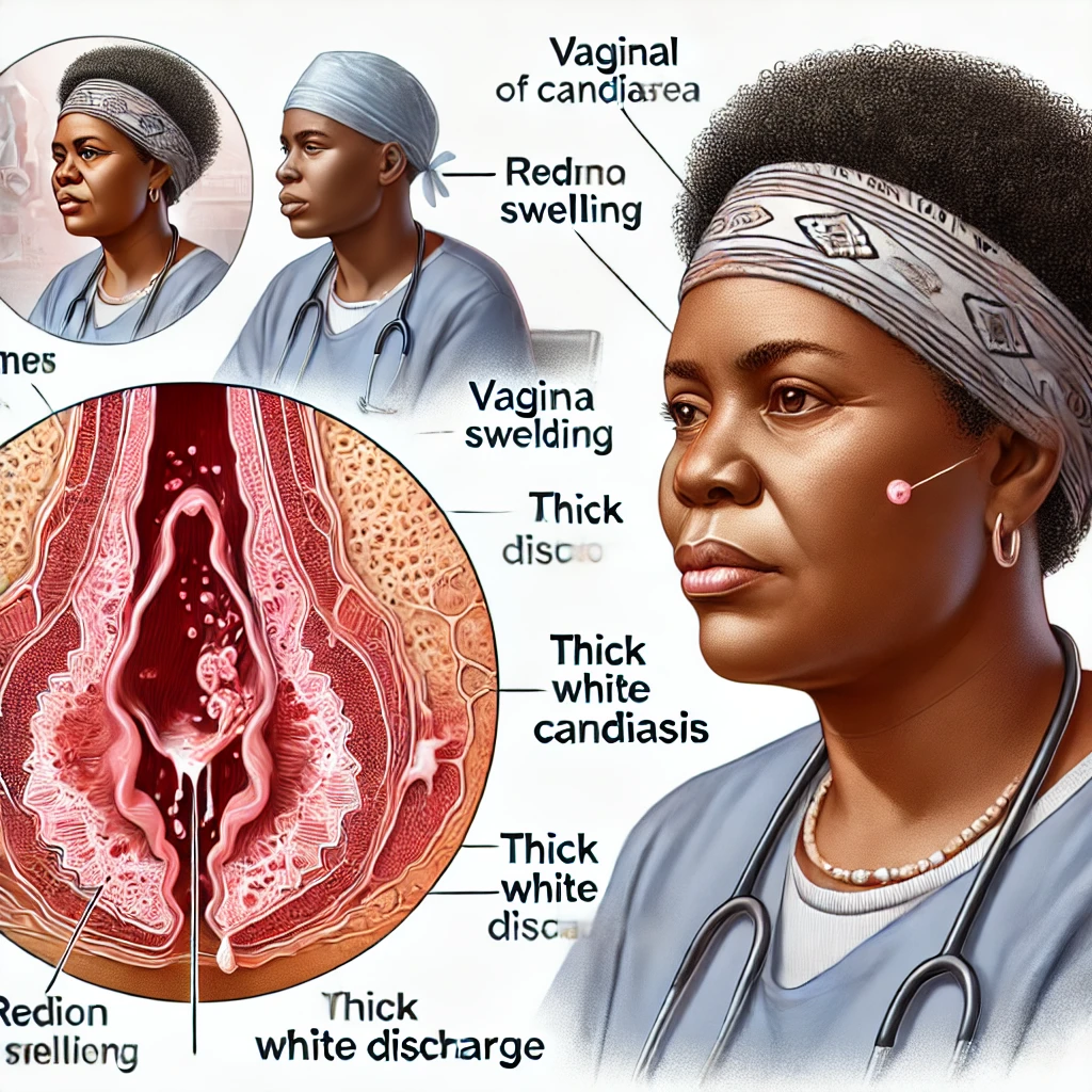 DALL·E-2024-07-25-11.41.56-A-detailed-medical-illustration-of-a-Nigerian-woman-experiencing-symptoms-of-a-yeast-infection.-The-image-should-show-a-cross-section-of-the-vaginal-a